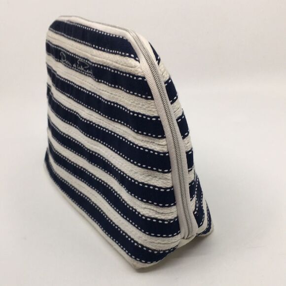 Oscar de la Renta Navy Blue and Cream Striped Padded Makeup / Cosmetic Bag - Picture 13 of 16